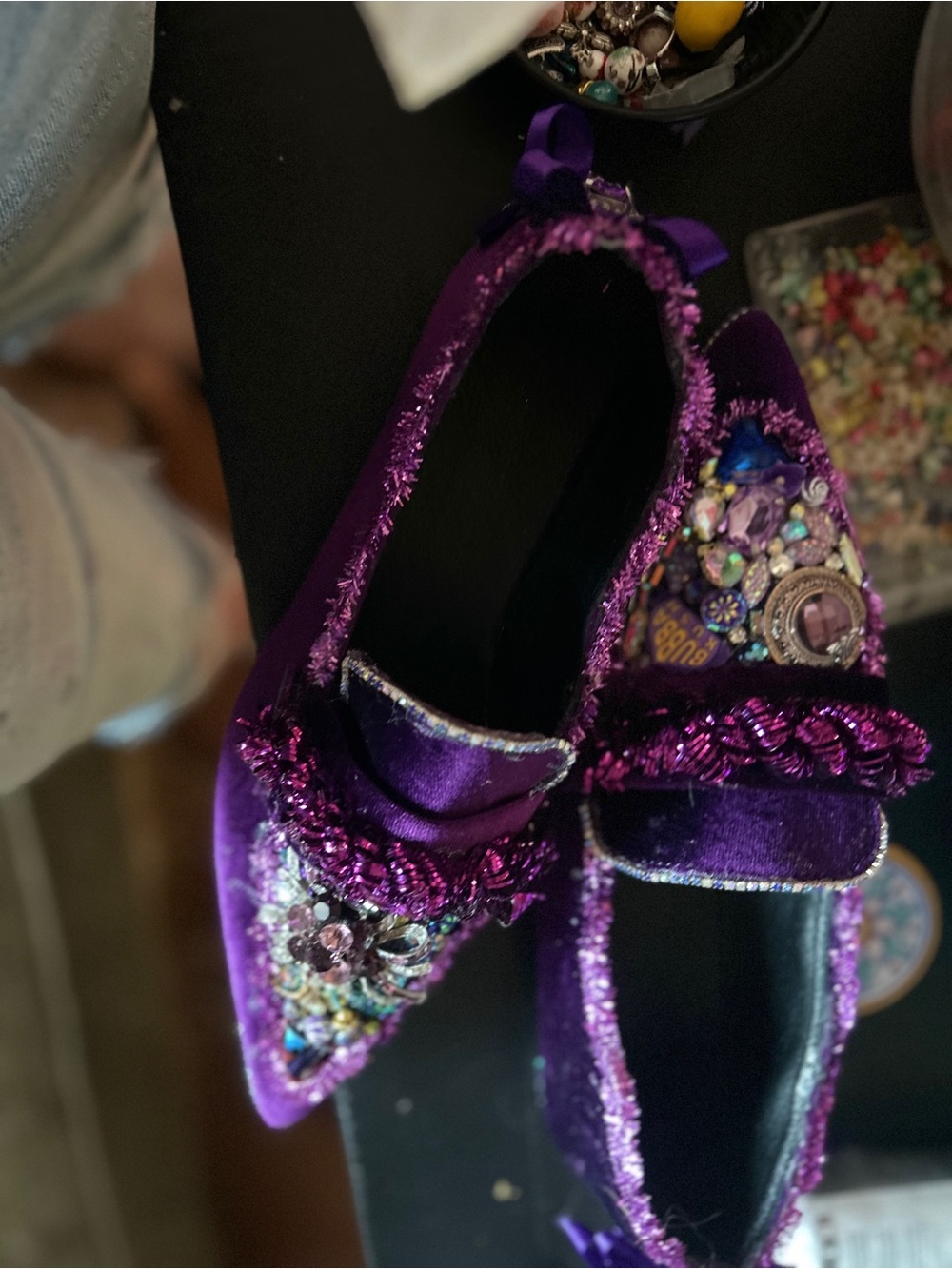 Handmade Embellished Purple Velvet Pointed Ballet Flats